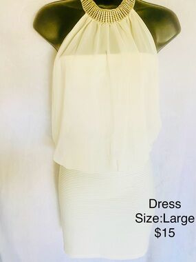 Sleeveless Ivory Halter Dress with Embellished Neckline